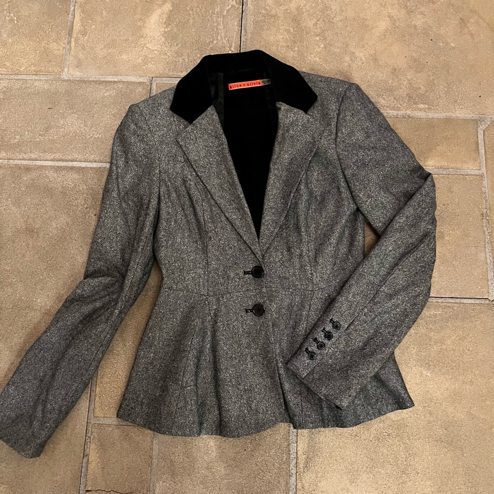 Alice & Olivia Grey Blazer with Black Velvet Lapel